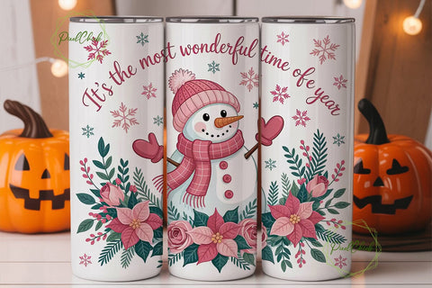 Pink Snowman Christmas 20oz Tumbler Wrap Sublimation PixelChick 
