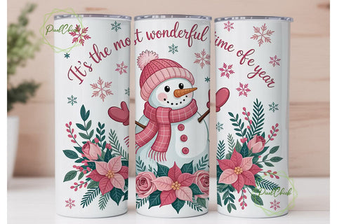 Pink Snowman Christmas 20oz Tumbler Wrap Sublimation PixelChick 