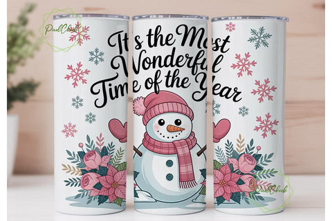 Pink Snowman Christmas 20oz Tumbler Wrap Sublimation PixelChick 