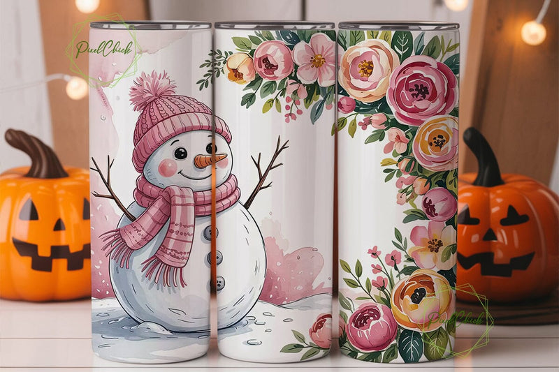Pink Snowman Christmas 20oz Tumbler Wrap Sublimation PixelChick 