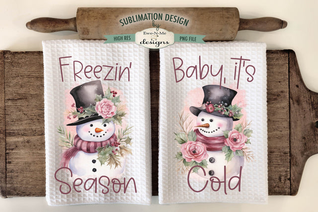 Pink Snowman Winter Kitchen Towel Sublimation Designs Sublimation Ewe-N-Me Designs 