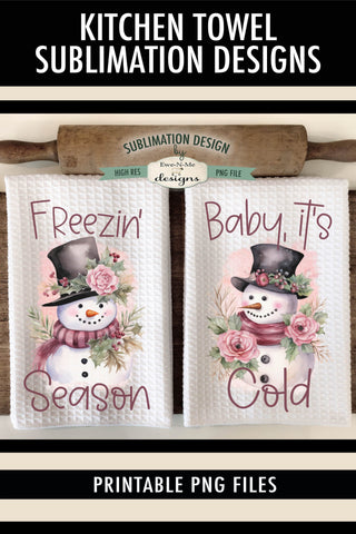 Pink Snowman Winter Kitchen Towel Sublimation Designs Sublimation Ewe-N-Me Designs 
