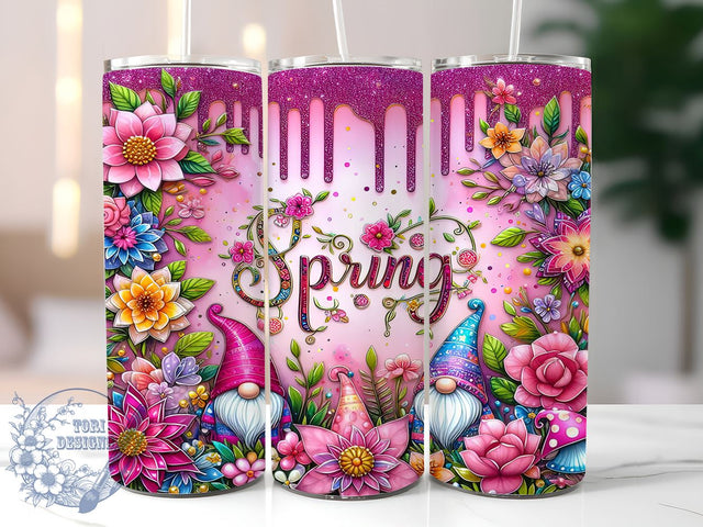 Pink Spring Gnome Flower 20oz Skinny Tumbler, Inspiration Quotes Tumbler Png, Straight & Tapered Tumbler Wrap, Instant Digital Download Sublimation ToriDesigns 