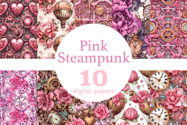 Pink Steampunk Valentine's Day Digital Paper | Romantic JPEG SVG GlamArtZhanna 