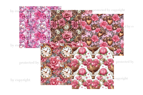 Pink Steampunk Valentine's Day Digital Paper | Romantic JPEG SVG GlamArtZhanna 