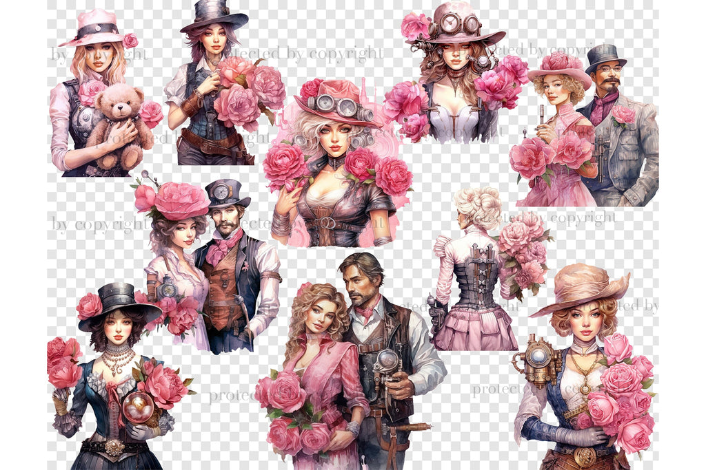 Pink Steampunk Valentine's Day PNG | Couple Valentines PNG - So Fontsy