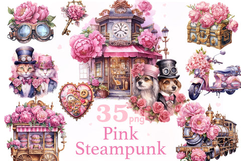 Pink Steampunk Valentine's Day PNG | Romantic Clipart Bundle SVG GlamArtZhanna 