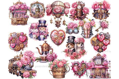 Pink Steampunk Valentine's Day PNG | Romantic Clipart Bundle SVG GlamArtZhanna 