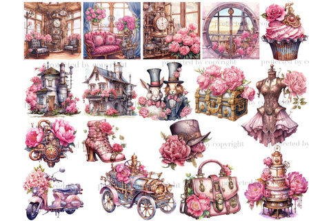 Pink Steampunk Valentine's Day PNG | Romantic Clipart Bundle SVG GlamArtZhanna 