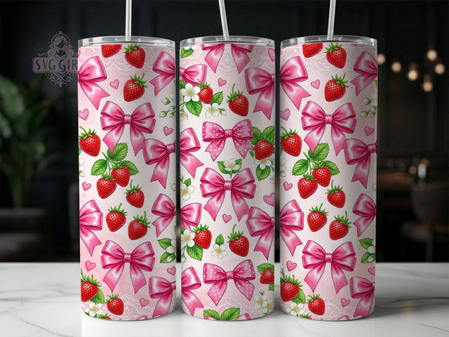 Pink Strawberry Bow 20oz Tumbler, Pink Strawberry Bow, 20oz Tumbler Wrap, Sublimation Design, Cute Fruit Art, Digital Download, Tumbler PNG, Strawberry Bow Wrap Sublimation SvggirlplusArt 