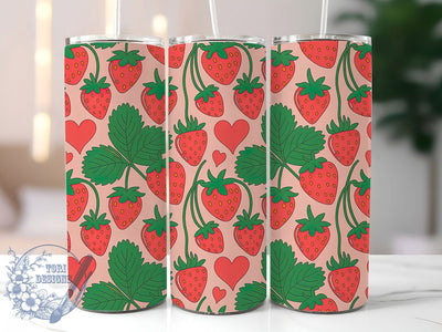 Pink Strawberry Cherry Tumbler, Strawberry & Cherry Theme, Harvest of Love Wrap, Vibrant Seasonal Design, Romantic Chic Style, Seamless Artistic Motif, Fresh Botanical Print, 20Oz Tumbler, Sublimation Sublimation ToriDesigns 