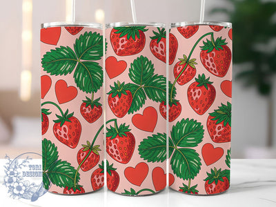 Pink Strawberry Cherry Tumbler, Strawberry & Cherry Theme, Harvest of Love Wrap, Vibrant Seasonal Design, Romantic Chic Style, Seamless Artistic Motif, Fresh Botanical Print, 20Oz Tumbler, Sublimation Sublimation ToriDesigns 
