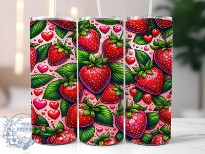 Pink Strawberry Cherry Tumbler, Strawberry & Cherry Theme, Harvest of Love Wrap, Vibrant Seasonal Design, Romantic Chic Style, Seamless Artistic Motif, Fresh Botanical Print, 20Oz Tumbler, Sublimation Sublimation ToriDesigns 