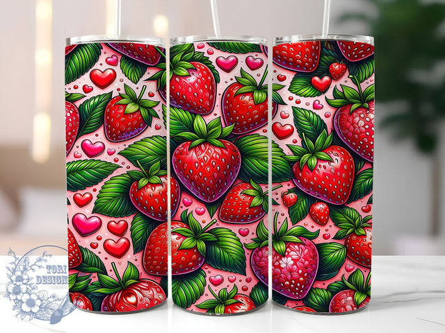 Pink Strawberry Cherry Tumbler, Strawberry & Cherry Theme, Harvest of Love Wrap, Vibrant Seasonal Design, Romantic Chic Style, Seamless Artistic Motif, Fresh Botanical Print, 20Oz Tumbler, Sublimation Sublimation ToriDesigns 