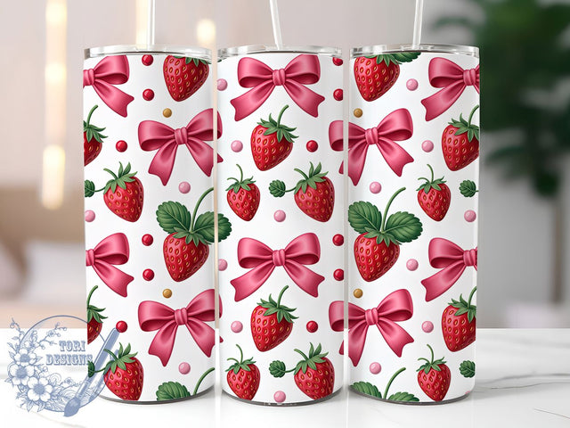 Pink Strawberry Coquette Bow Tumbler, Coquette Bow Design, 20Oz Sublimation Cup, Pink Strawberry Drinkware, Girly Bow Tumbler, Cute Fruit Cup Wrap, Pastel Coquette Mug Sublimation ToriDesigns 