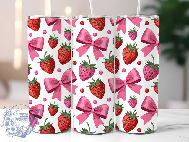 Pink Strawberry Coquette Bow Tumbler, Coquette Bow Design, 20Oz Sublimation Cup, Pink Strawberry Drinkware, Girly Bow Tumbler, Cute Fruit Cup Wrap, Pastel Coquette Mug Sublimation ToriDesigns 