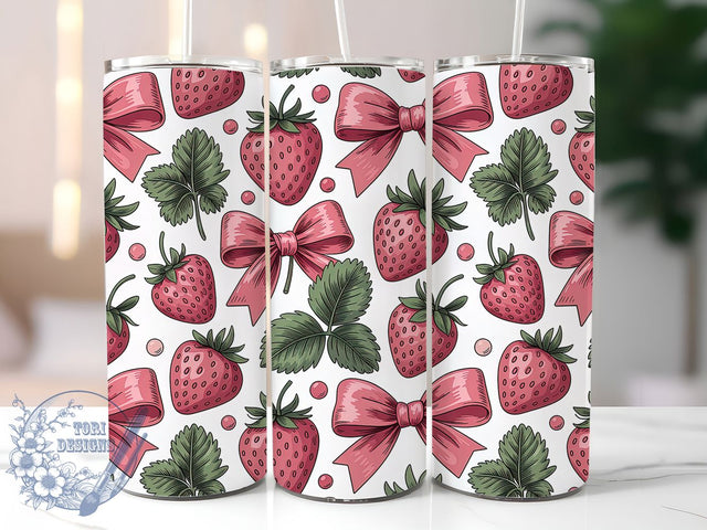 Pink Strawberry Coquette Bow Tumbler, Coquette Bow Design, 20Oz Sublimation Cup, Pink Strawberry Drinkware, Girly Bow Tumbler, Cute Fruit Cup Wrap, Pastel Coquette Mug Sublimation ToriDesigns 