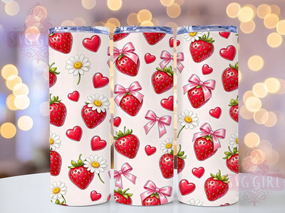 Pink Strawberry Daisy Bow 20oz Tumbler, Pink Theme, Strawberry Motif, Daisy Flower, Bow Design, Cute Charm, Skinny Tumbler, Sublimation PNG Sublimation SvggirlplusArt 