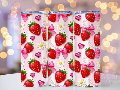 Pink Strawberry Kawaii Glow 20oz Tumbler, Pink Theme, Strawberry Motif, Kawaii Style, Glow Effect, Cute Charm, Skinny Tumbler, Sublimation PNG Sublimation SvggirlplusArt 