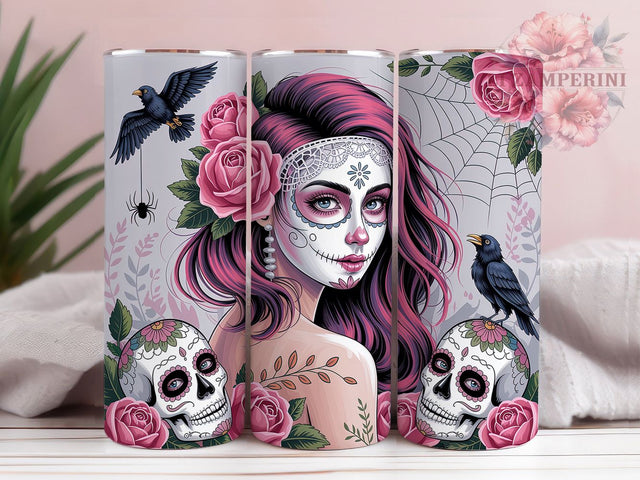 Pink Sugar Skull Day of the Dead Tumbler, Pink Skull Wrap, Skeleton Sublimation Design, 20Oz Skinny Tumbler, Sugar Skull Drinkware, Colorful Halloween Tumbler, Mexican Holiday Wrap Sublimation Li Zamperini 
