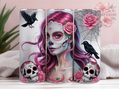 Pink Sugar Skull Day of the Dead Tumbler, Pink Skull Wrap, Skeleton Sublimation Design, 20Oz Skinny Tumbler, Sugar Skull Drinkware, Colorful Halloween Tumbler, Mexican Holiday Wrap Sublimation Li Zamperini 