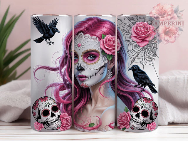 Pink Sugar Skull Day of the Dead Tumbler, Pink Skull Wrap, Skeleton Sublimation Design, 20Oz Skinny Tumbler, Sugar Skull Drinkware, Colorful Halloween Tumbler, Mexican Holiday Wrap Sublimation Li Zamperini 