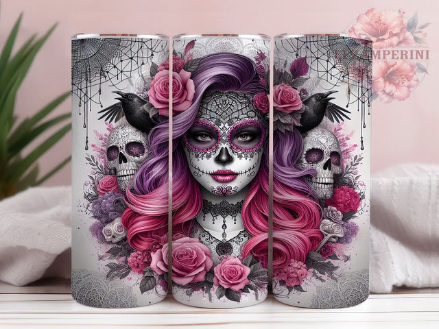 Pink Sugar Skull Day of the Dead Tumbler, Pink Skull Wrap, Skeleton Sublimation Design, 20Oz Skinny Tumbler, Sugar Skull Drinkware, Colorful Halloween Tumbler, Mexican Holiday Wrap Sublimation Li Zamperini 