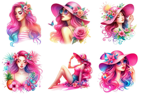Pink Summer Woman Watercolor ClipArt's Sublimation SVGista 