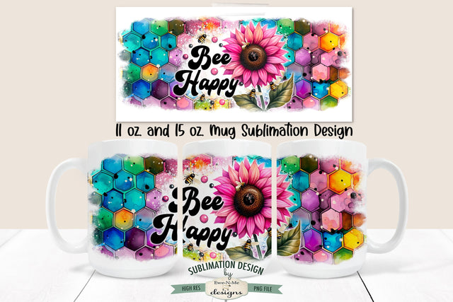 Pink Sunflower Bee Happy 11 & 15 oz Sublimation Mug Design Sublimation Ewe-N-Me Designs 