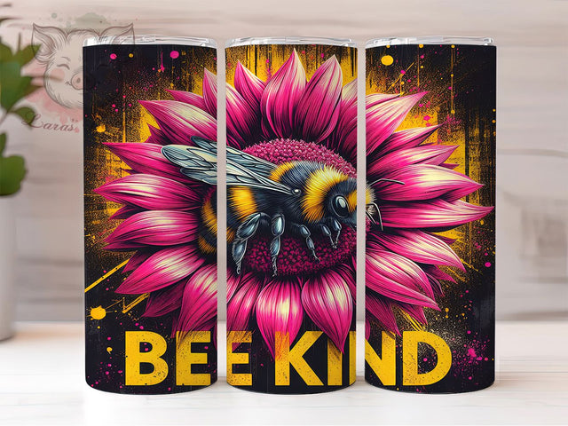 Pink Sunflower Bee Kind Tumbler Wrap, Bee Kind Tumbler, Affirmation Tumbler Design, 20oz Skinny Tumbler, Motivational Tumbler Wrap, Bee Lover Gift, Inspirational Flower Wrap Sublimation Lara' s Designs 