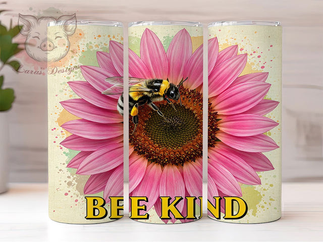Pink Sunflower Bee Kind Tumbler Wrap, Bee Kind Tumbler, Affirmation Tumbler Design, 20oz Skinny Tumbler, Motivational Tumbler Wrap, Bee Lover Gift, Inspirational Flower Wrap Sublimation Lara' s Designs 