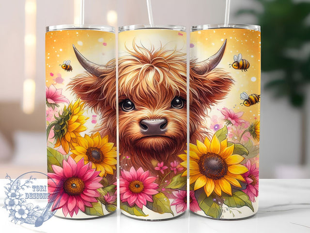 Pink Sunflower Highland Cow Tumbler, Pink Sunflower Tumbler, Cute Cow Tumbler Wrap, 20oz Sublimation Tumbler, Floral Cow Design, Pink Floral Tumbler, Country Farm Animal Tumbler Sublimation ToriDesigns 