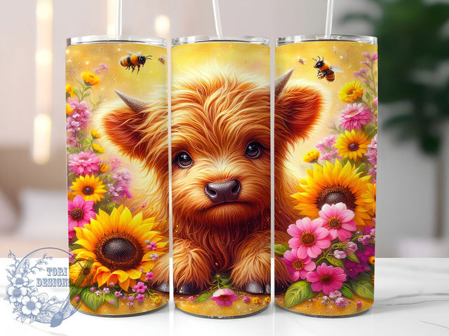 Pink Sunflower Highland Cow Tumbler, Pink Sunflower Tumbler, Cute Cow Tumbler Wrap, 20oz Sublimation Tumbler, Floral Cow Design, Pink Floral Tumbler, Country Farm Animal Tumbler Sublimation ToriDesigns 