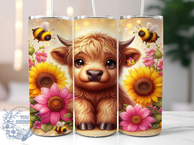 Pink Sunflower Highland Cow Tumbler, Pink Sunflower Tumbler, Cute Cow Tumbler Wrap, 20oz Sublimation Tumbler, Floral Cow Design, Pink Floral Tumbler, Country Farm Animal Tumbler Sublimation ToriDesigns 