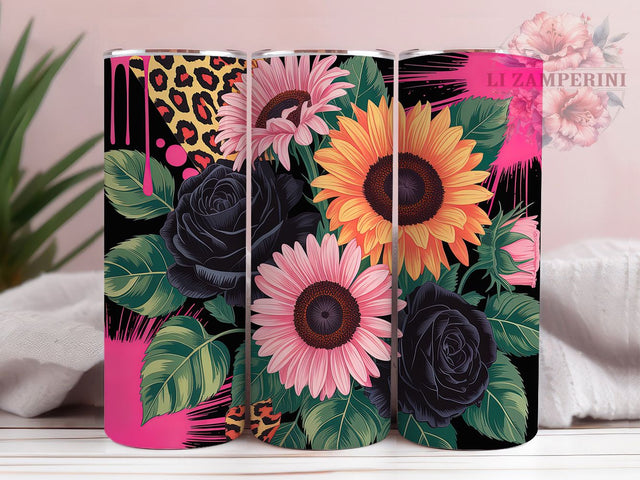 Pink Sunflower Leopard Print Tumbler, Sunflower Wrap, 20Oz Tumbler, Sublimation Design, Glam Animal Print, Floral Chic, Wild Bloom Sublimation Li Zamperini 