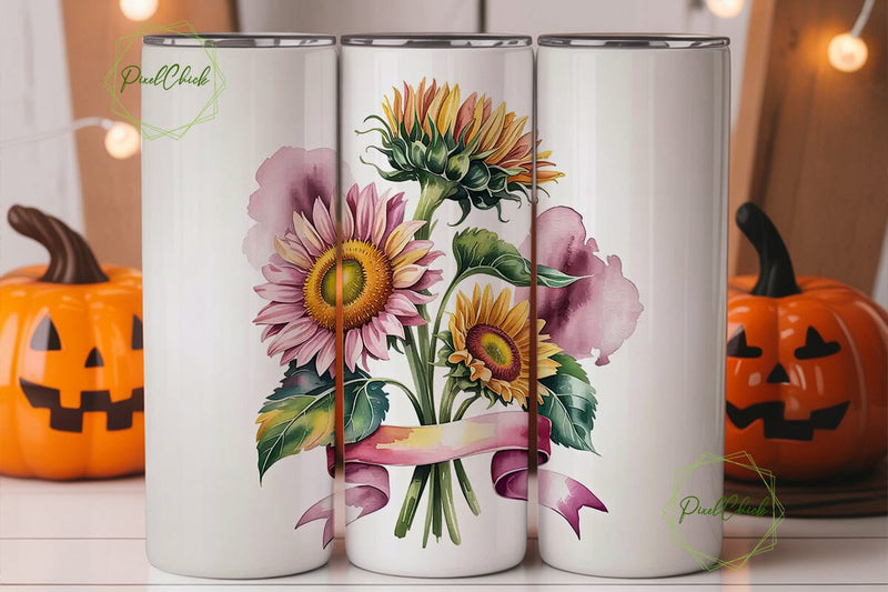 Pink Sunflower Ribbon 20oz Tumbler Wrap Sublimation PixelChick 