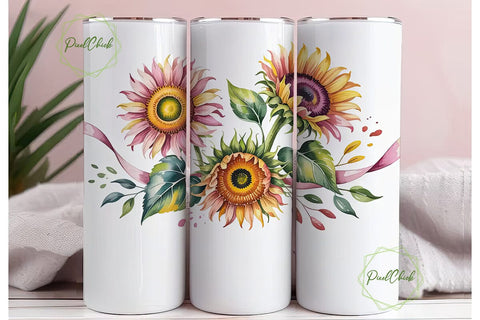 Pink Sunflower Ribbon 20oz Tumbler Wrap Sublimation PixelChick 