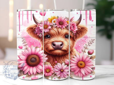 Pink Sunflowers Baby Highland Cow 20 oz Skinny Tumbler, Highland Cow Tumbler Png, Straight & Tapered Tumbler Wrap, Instant Digital Download Sublimation ToriDesigns 