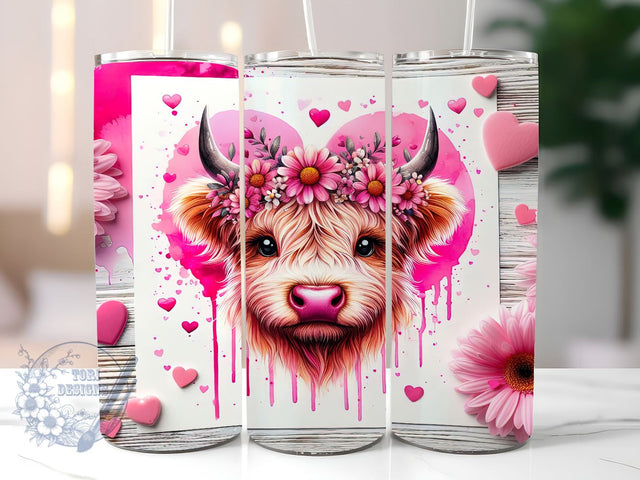 Pink Sunflowers Baby Highland Cow 20 oz Skinny Tumbler, Highland Cow Tumbler Png, Straight & Tapered Tumbler Wrap, Instant Digital Download Sublimation ToriDesigns 