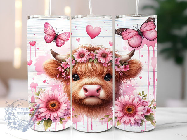 Pink Sunflowers Baby Highland Cow 20 oz Skinny Tumbler, Highland Cow Tumbler Png, Straight & Tapered Tumbler Wrap, Instant Digital Download Sublimation ToriDesigns 
