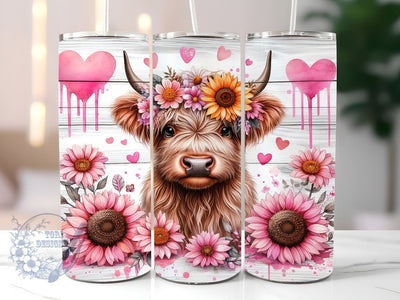 Pink Sunflowers Baby Highland Cow 20 oz Skinny Tumbler, Highland Cow Tumbler Png, Straight & Tapered Tumbler Wrap, Instant Digital Download Sublimation ToriDesigns 