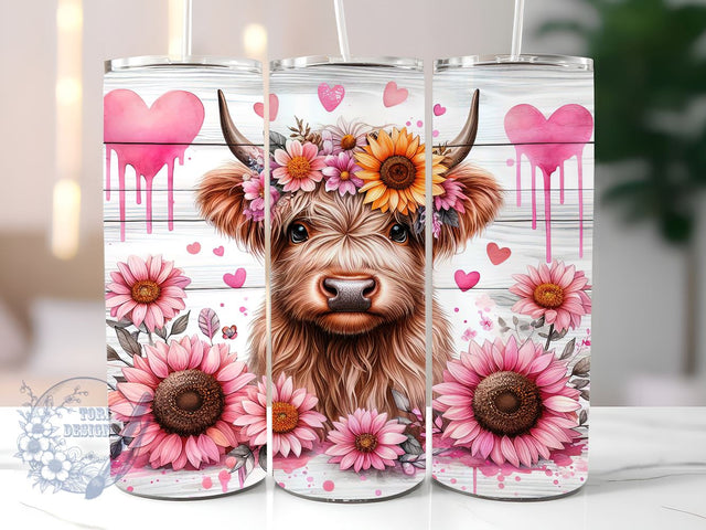 Pink Sunflowers Baby Highland Cow 20 oz Skinny Tumbler, Highland Cow Tumbler Png, Straight & Tapered Tumbler Wrap, Instant Digital Download Sublimation ToriDesigns 