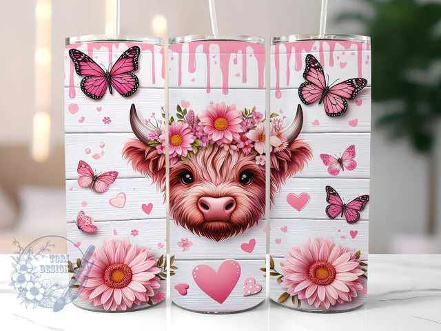 Pink Sunflowers Baby Highland Cow 20 oz Skinny Tumbler, Highland Cow Tumbler Png, Straight & Tapered Tumbler Wrap, Instant Digital Download Sublimation ToriDesigns 