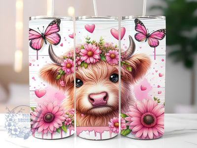 Pink Sunflowers Baby Highland Cow 20 oz Skinny Tumbler, Highland Cow Tumbler Png, Straight & Tapered Tumbler Wrap, Instant Digital Download Sublimation ToriDesigns 