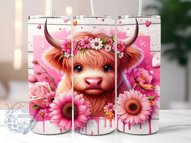 Pink Sunflowers Baby Highland Cow 20 oz Skinny Tumbler, Highland Cow Tumbler Png, Straight & Tapered Tumbler Wrap, Instant Digital Download Sublimation ToriDesigns 