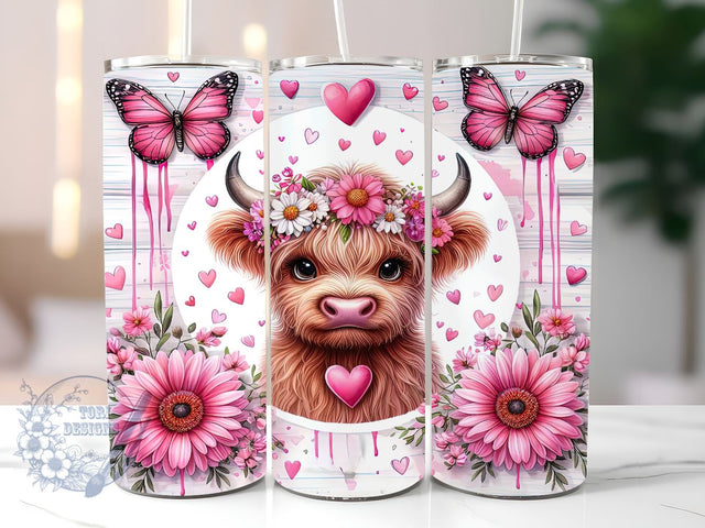 Pink Sunflowers Baby Highland Cow 20 oz Skinny Tumbler, Highland Cow Tumbler Png, Straight & Tapered Tumbler Wrap, Instant Digital Download Sublimation ToriDesigns 
