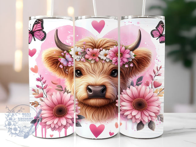 Pink Sunflowers Baby Highland Cow 20 oz Skinny Tumbler, Highland Cow Tumbler Png, Straight & Tapered Tumbler Wrap, Instant Digital Download Sublimation ToriDesigns 