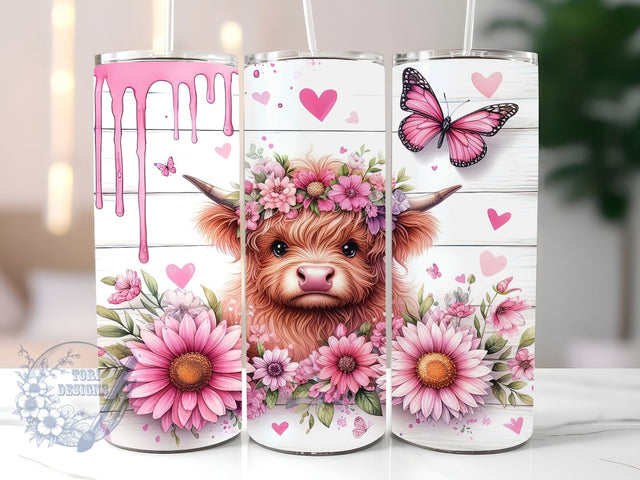 Pink Sunflowers Baby Highland Cow 20 oz Skinny Tumbler, Highland Cow Tumbler Png, Straight & Tapered Tumbler Wrap, Instant Digital Download Sublimation ToriDesigns 