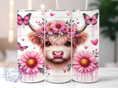 Pink Sunflowers Baby Highland Cow 20 oz Skinny Tumbler, Highland Cow Tumbler Png, Straight & Tapered Tumbler Wrap, Instant Digital Download Sublimation ToriDesigns 