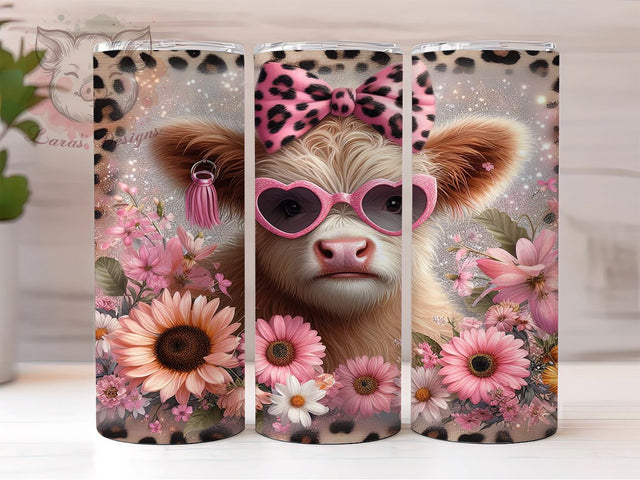 Pink Sunflowers Baby Highland Cow 20oz Tumbler Png, Straight & Tapered Tumbler Png, Pink Floral Tumbler Png, Digital Download PNG Sublimation Lara' s Designs 